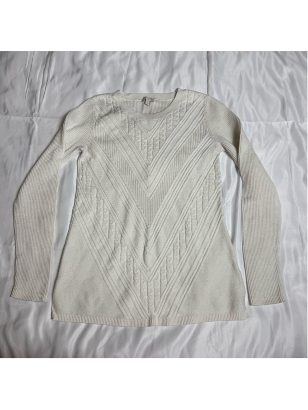 Women's Talbots White Cable Knit Crew Neck Sweater Size S